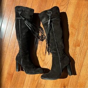 Vintage Nine West Black Suede Knee-High Boots with Fringe festival size 8